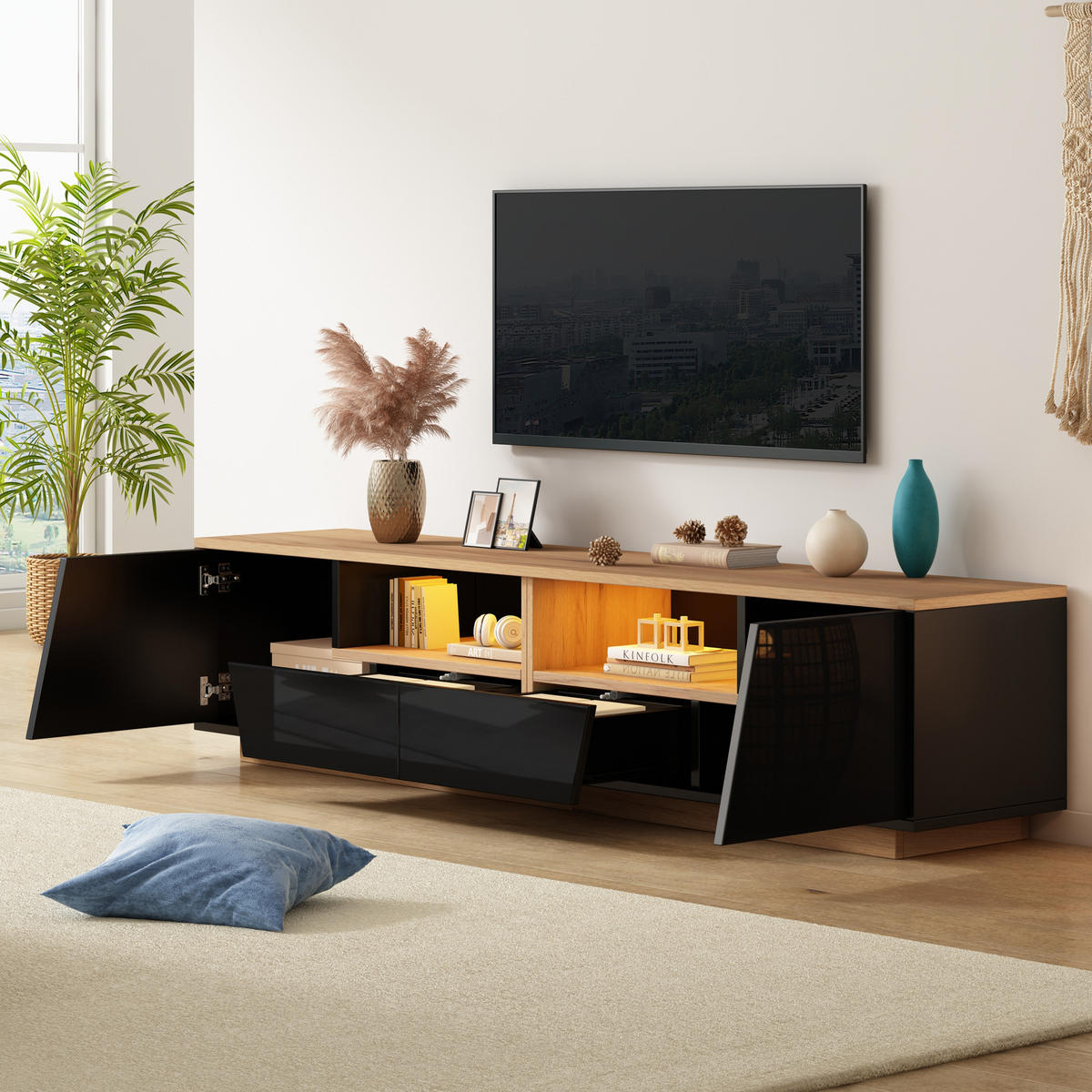 TV-SCHRANK LED Schwarz Holz 2 Schubladen 2 Türen 75 Zoll 180cm - Schwarz, Holzwerkstoff (180/46/40cm) - FLIEKS