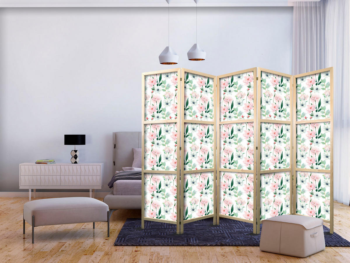 PARAVENT Japanischer 5-tlg 225x172 cm Blumen und Bl tter - Multicolor, Holz/Textil (225/172/3cm) - Muralo