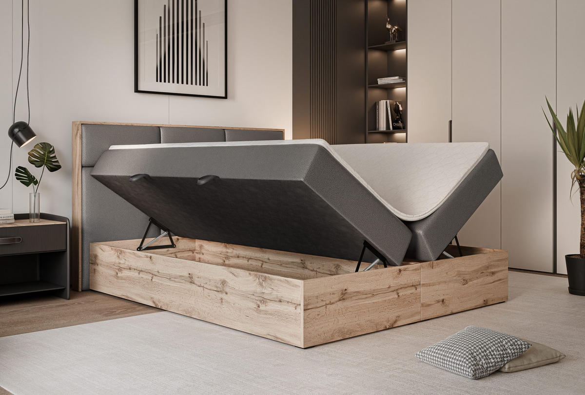 BOXBETT LAVIO 160/200 cm, in Grau, mit Matratze und Topper - Grau, Holzwerkstoff/Textil (160/200cm) - Idohome
