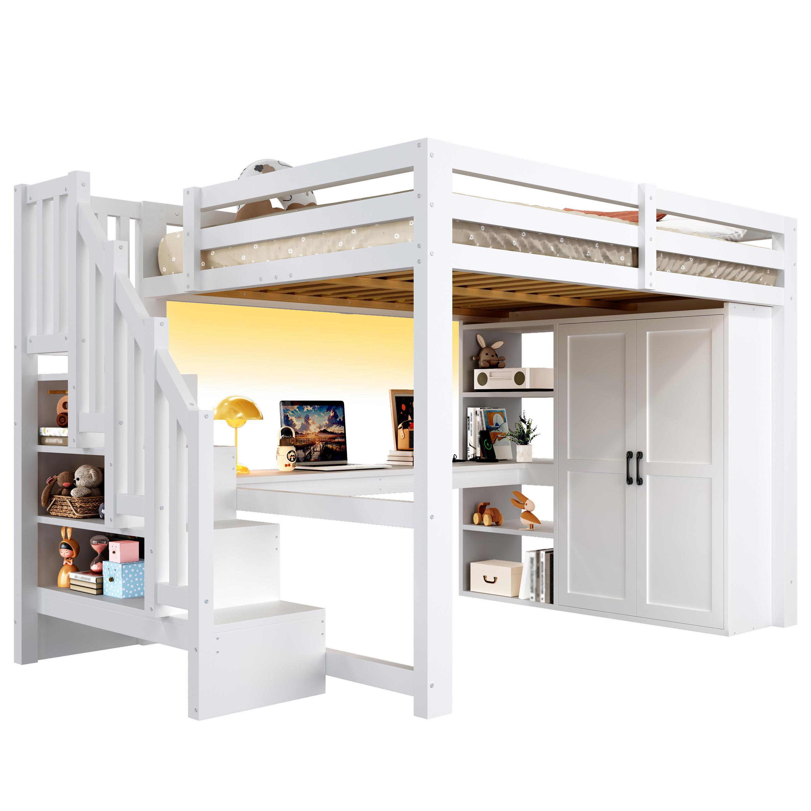 HOCHBETT 140/200 cm in Weiß mit Schreibtisch, Regal, Kleiderschrank, Stauraumtreppe, LED und USB - Weiß, Holzwerkstoff (140/200cm) - STILVORA