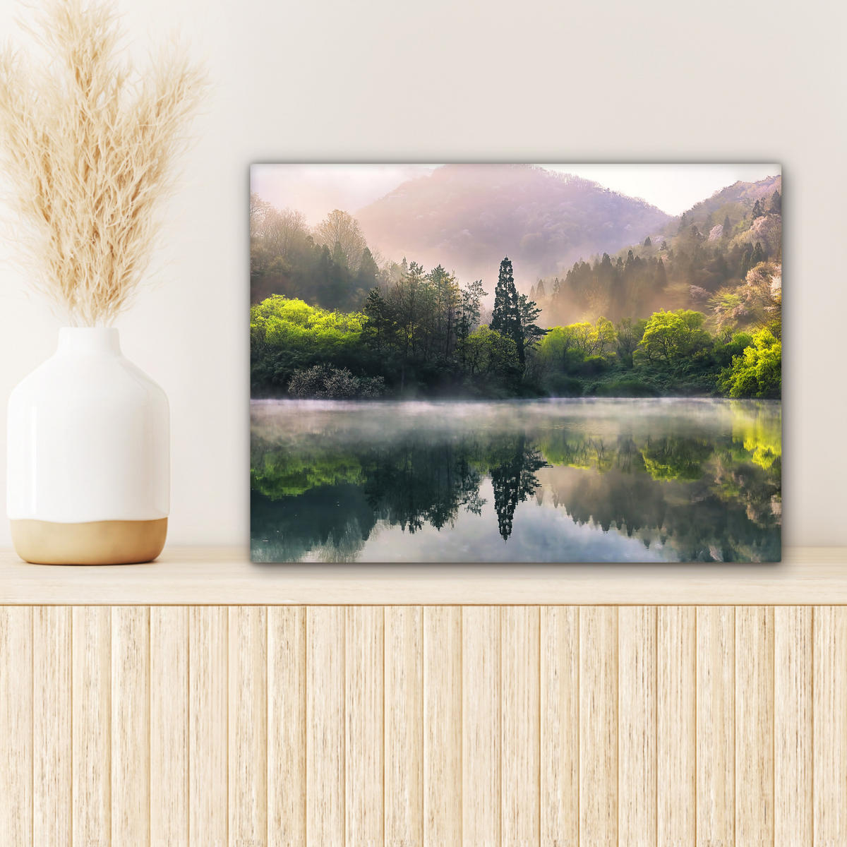 LEINWANDBILD Natur - Bäume - Berge - See - Wasser Wandbild 40x30 cm - Hellgrün, Textil (40/30cm) - MuchoWow