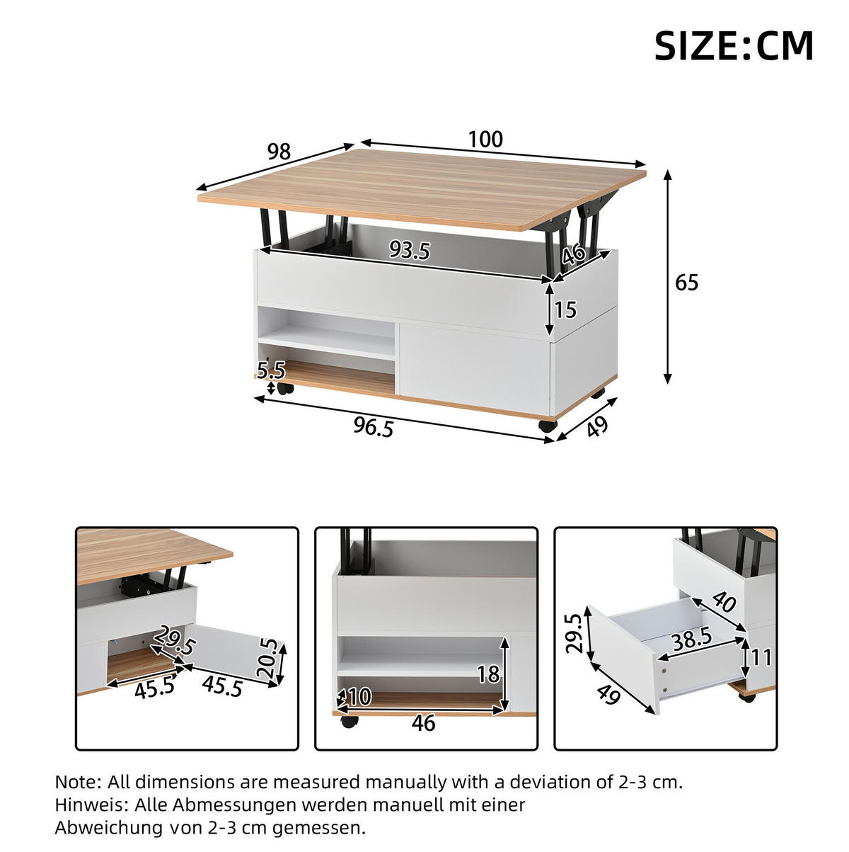 COUCHTISCH höhenverstellbar 100 x 98 x 65 cm Weiß Holzoptik mit Stauraum - Weiß, Holzwerkstoff (100/98/65cm) - Meubliv