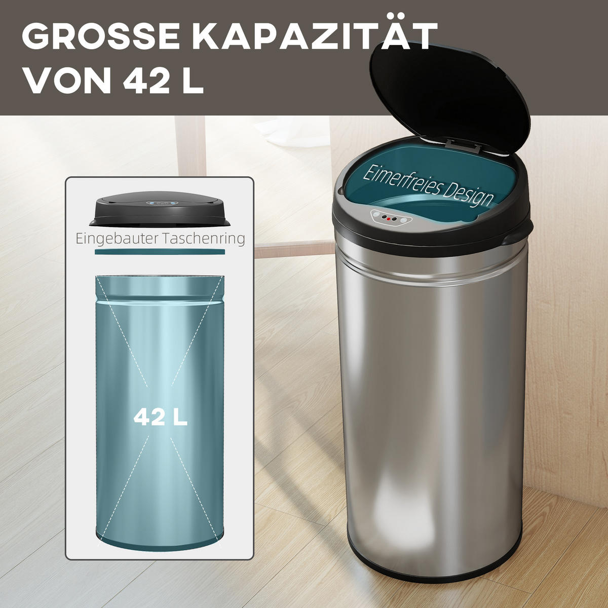 MÜLLEIMER mit Sensor 42L Edelstahl Automatischer Mülleimer mit Soft-Close-Deckel - Silberfarben, Metall (30.5/68/30.5cm) - HOMCOM