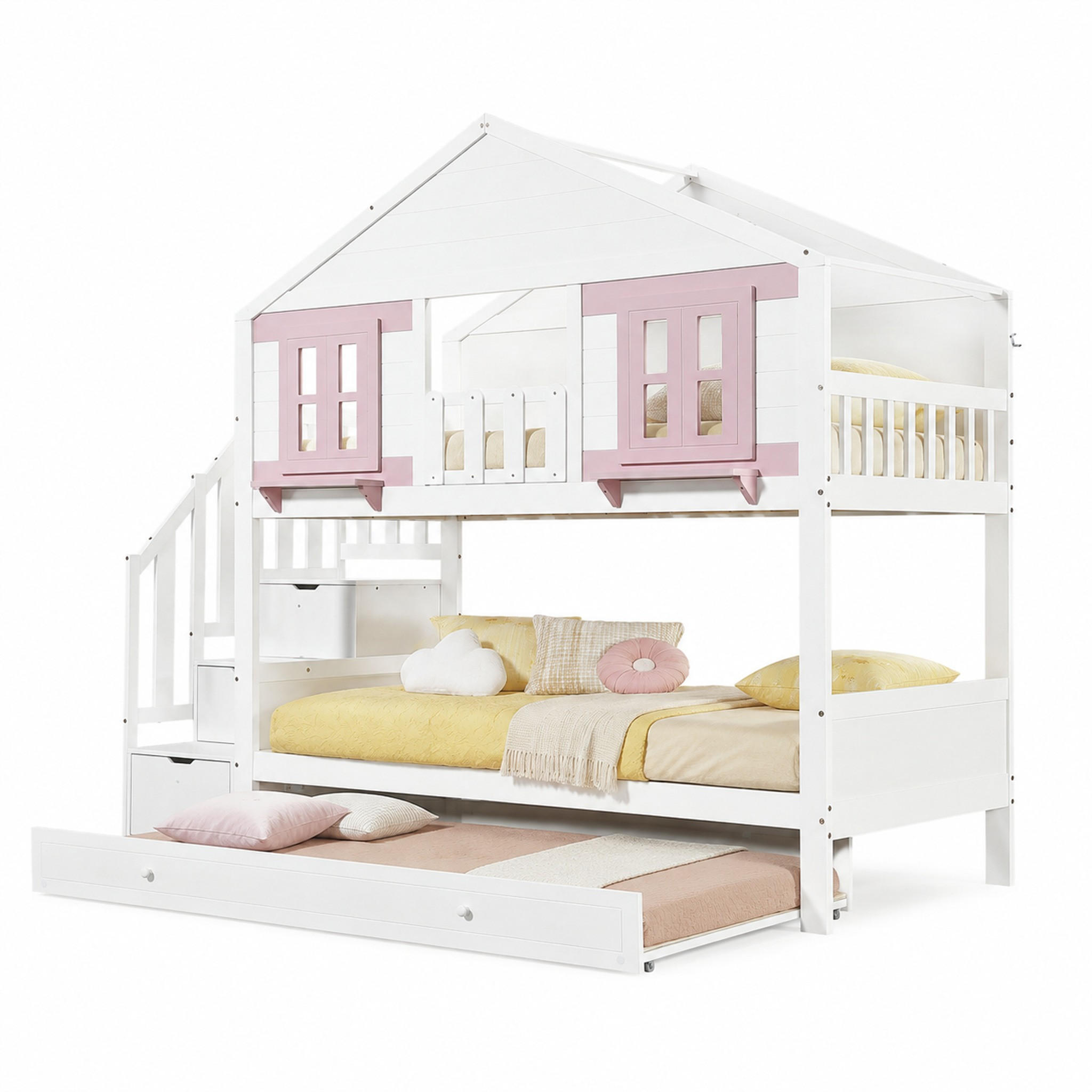 ETAGENBETT mit Rollbett 90x200 cm Weiß/Rosa 4-tlg. - Weiß, Holz (90/200cm) - Meubliv