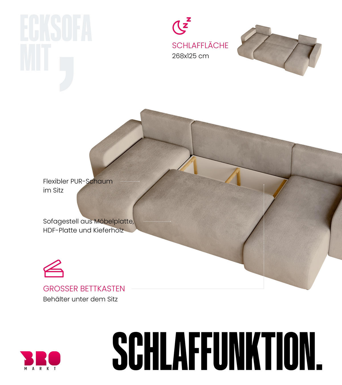 WOHNLANDSCHAFT PUMI mit Schlaffunktion Rosa Cord - Rosa, Textil (312/82/148cm) - Bromarkt