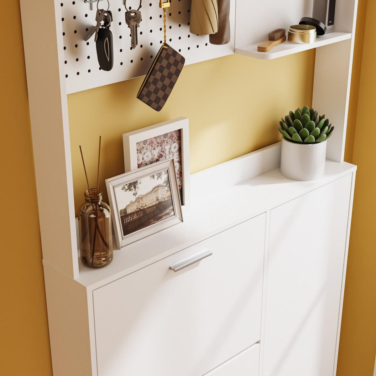 SCHUHSCHRANK mit Pegboard und Schubladen FSR232-W - Weiß, Holzwerkstoff/Kunststoff (83/197/14cm) - SoBuy