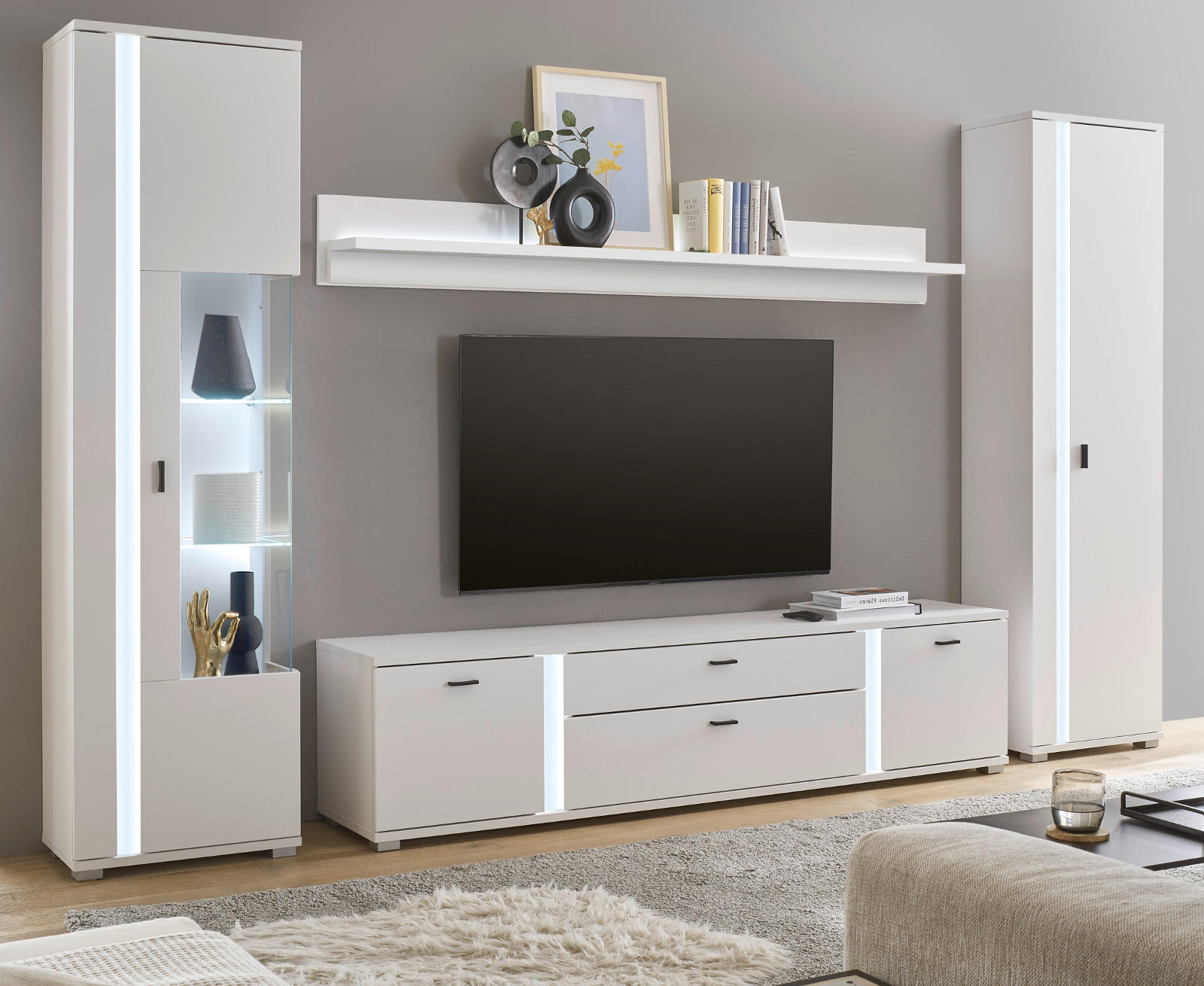 WOHNWAND weiß matt, Wohnkombination inklusive Frontbeleuchtung 330 x 200 cm - Weiß, Holzwerkstoff (330/200/42cm) - Furn.Design