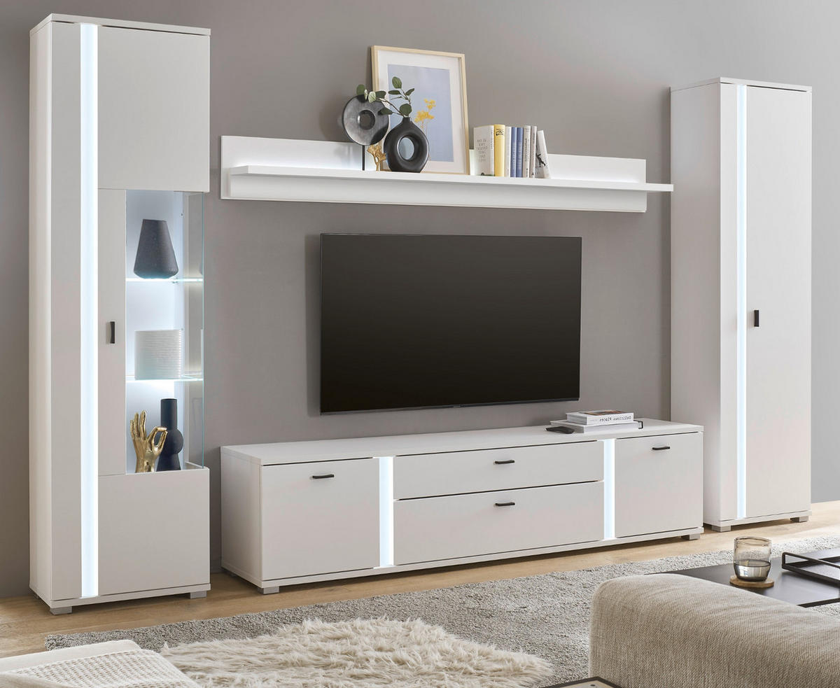 WOHNWAND weiß matt, Wohnkombination inklusive Frontbeleuchtung 330 x 200 cm - Weiß, Holzwerkstoff (330/200/42cm) - Furn.Design