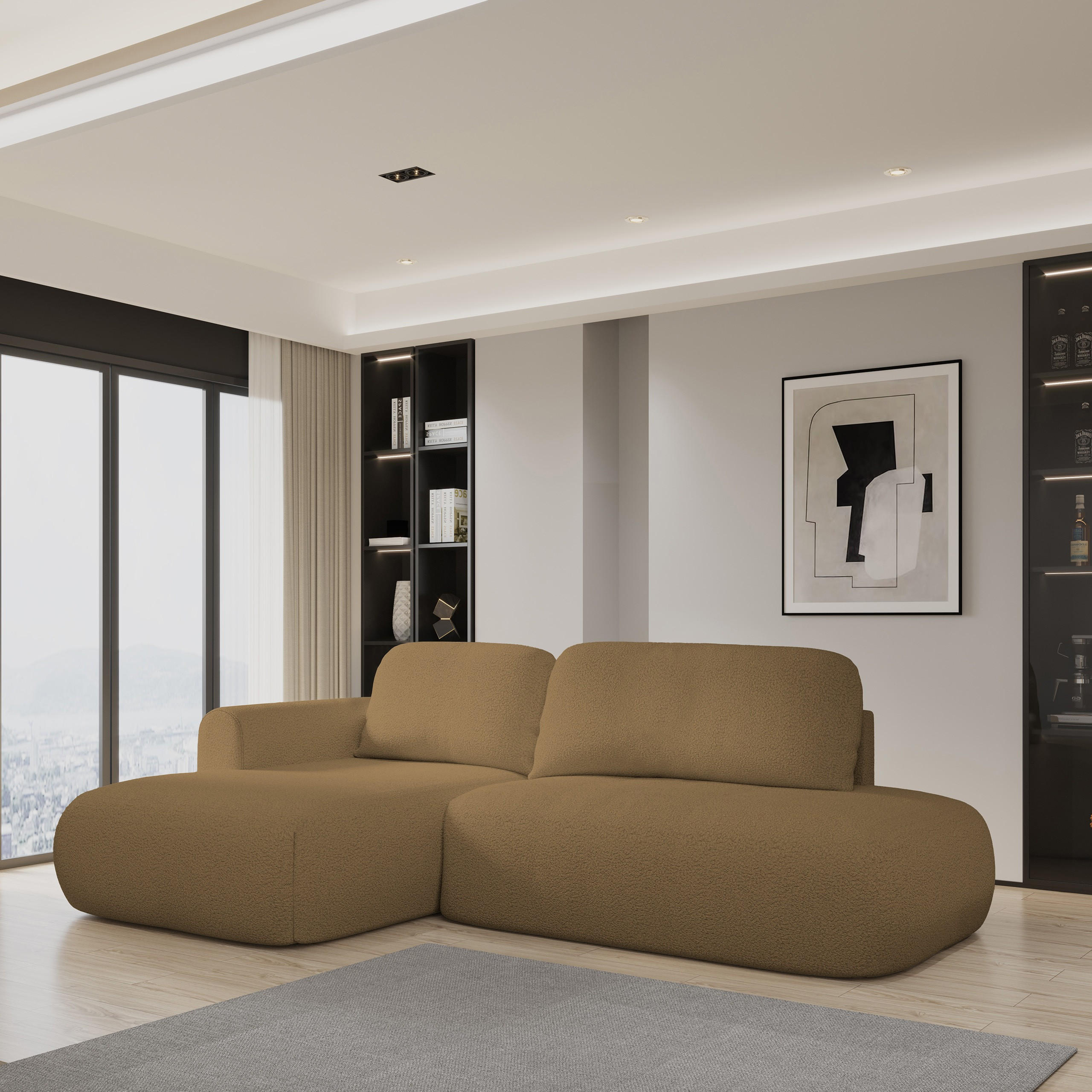 ECKSOFA NUVIRA L-S Orange Boucle-Stoff mit Schlaffunktion - Orange, Holz (274/165cm) - MASSENO
