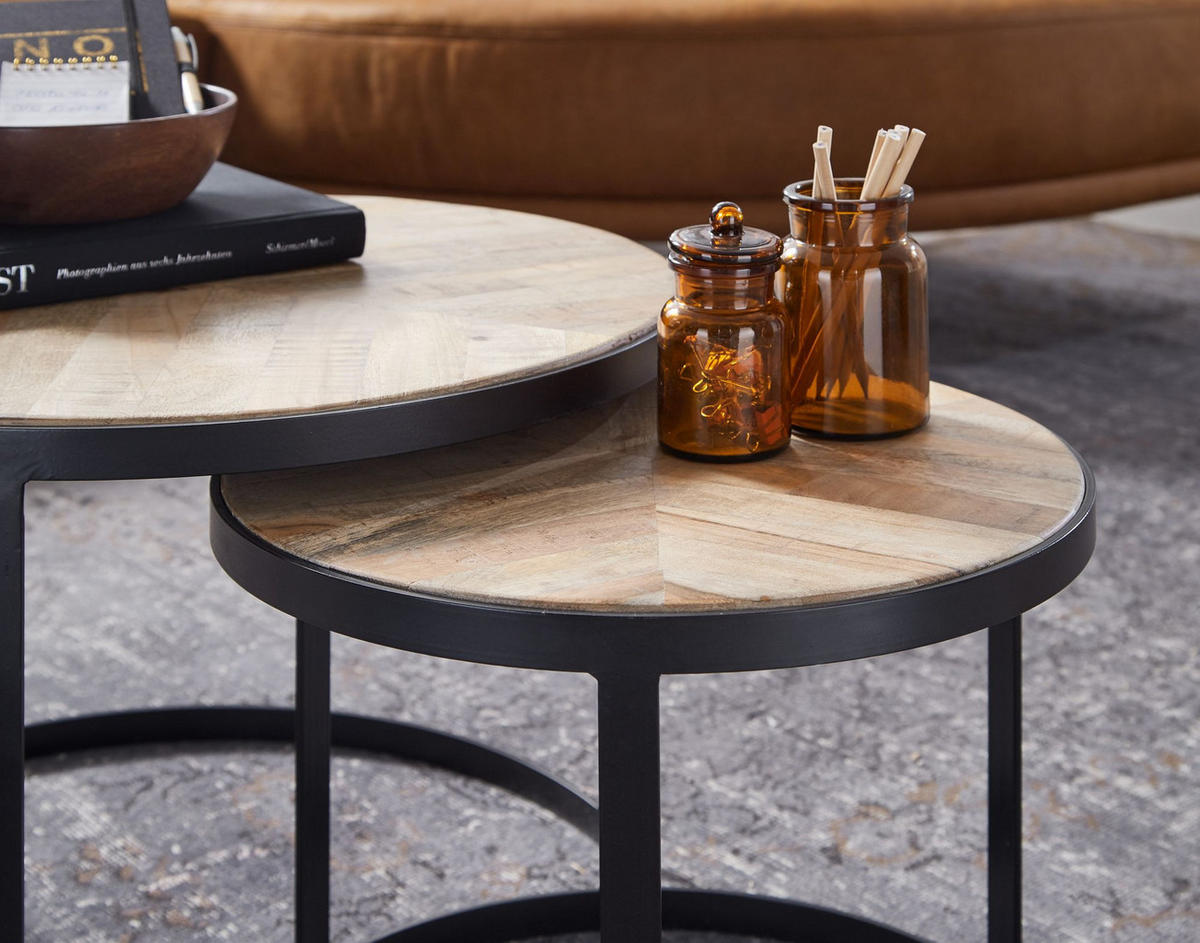 COUCHTISCH 2er Set Massivholz Metall Platzsparend Handgefertigt ESINO, Beige 60x60x40 cm - Beige/Schwarz, Holz/Metall (60/60/40cm) - KADIMA DESIGN