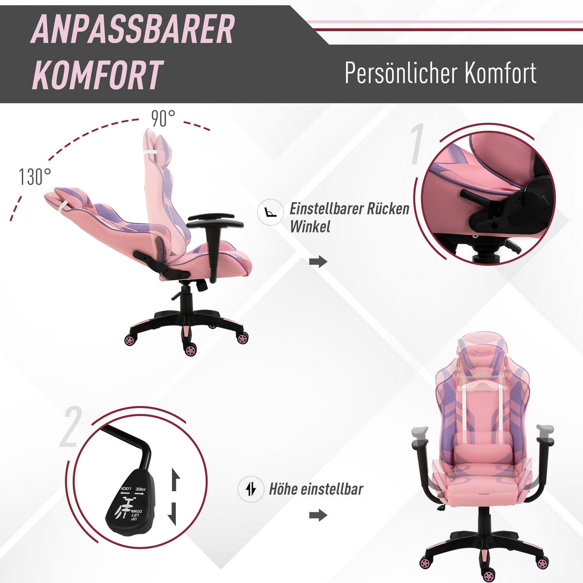 GAMING Stuhl, Bürostuhl, Rosa&Violett - Rosa, Leder (56/125.5/69cm) - Vinsetto