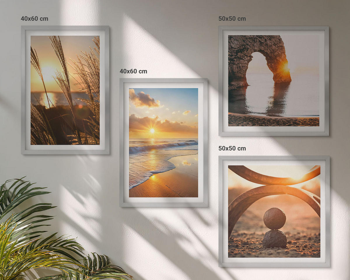 BILDER SET 4er Set - 50x50 cm & 40x60 cm Silberner Rahmen - Ruhige Landschaften am Strand der Sonne - Silberfarben, Kunststoff (50/50cm) - TULUP