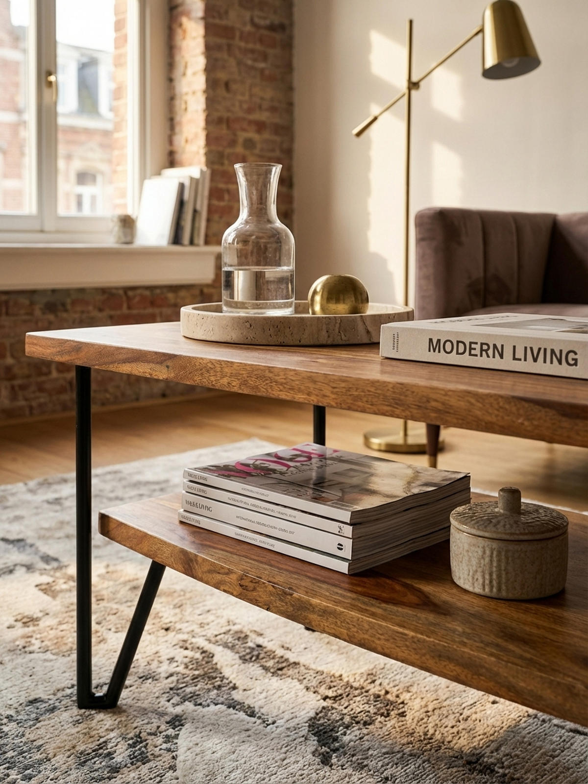 COUCHTISCH Sheesham Massivholz Metall Industrial-Style 90x50x40 cm - Schwarz/Braun, Holz/Metall (50/90/40cm) - KADIMA DESIGN