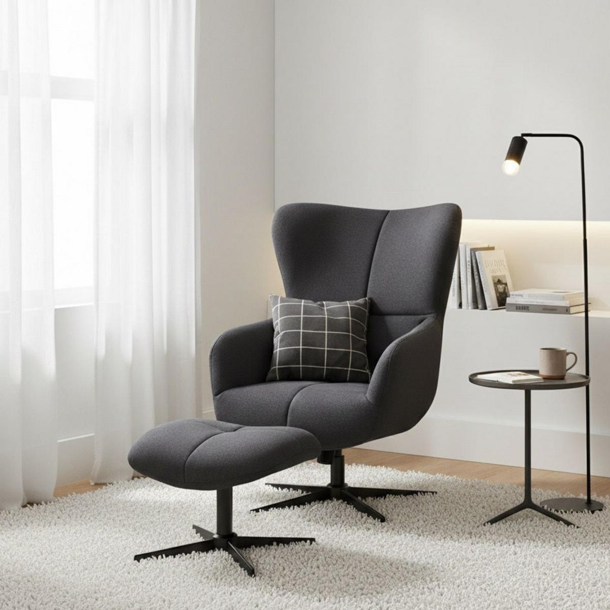 OHRENSESSEL Sava inkl. Fußhocker - Blau/Schwarz, Textil/Metall (74/104/86cm) - Mr. Deko