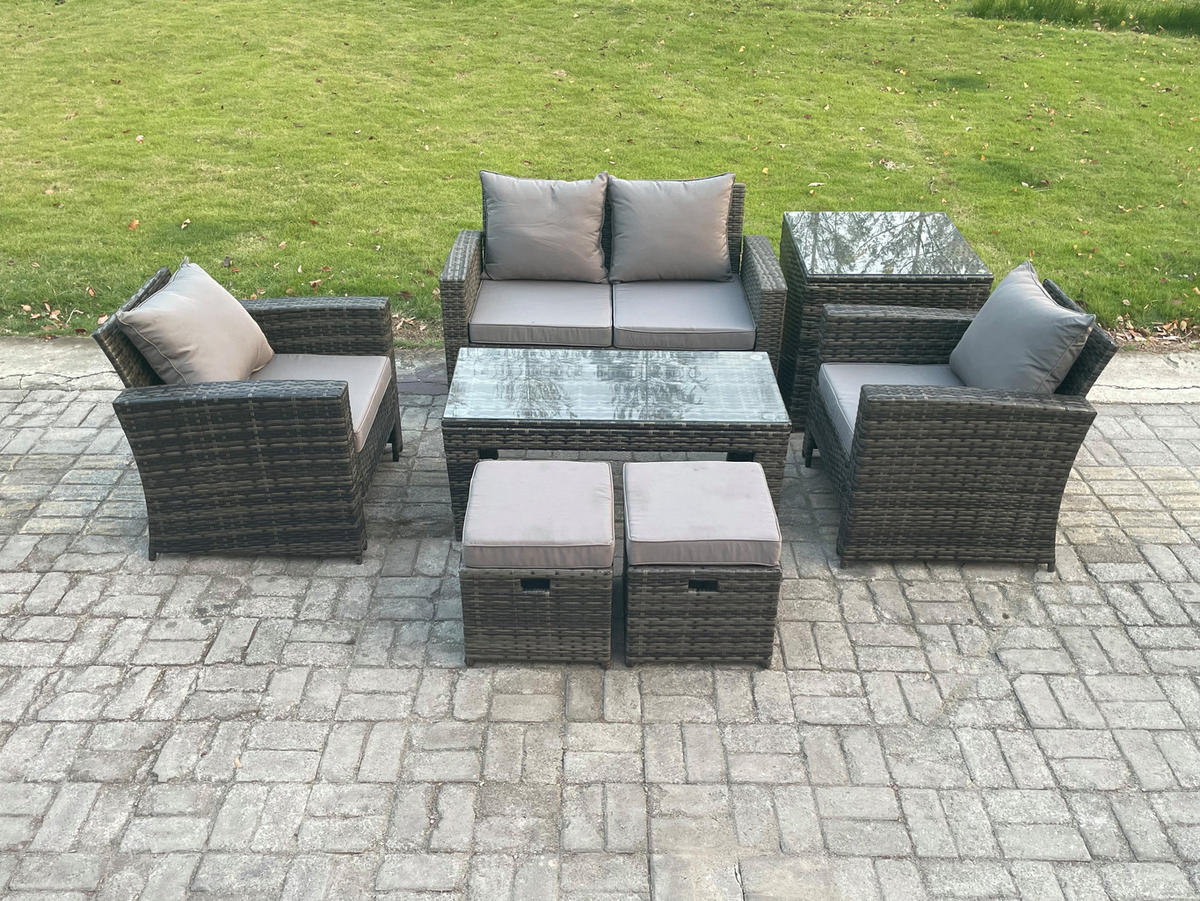 GARTENMÖBEL Set Polyrattan Dunkelgrau 6-Sitzer - Dunkelgrau, Metall - Fimous