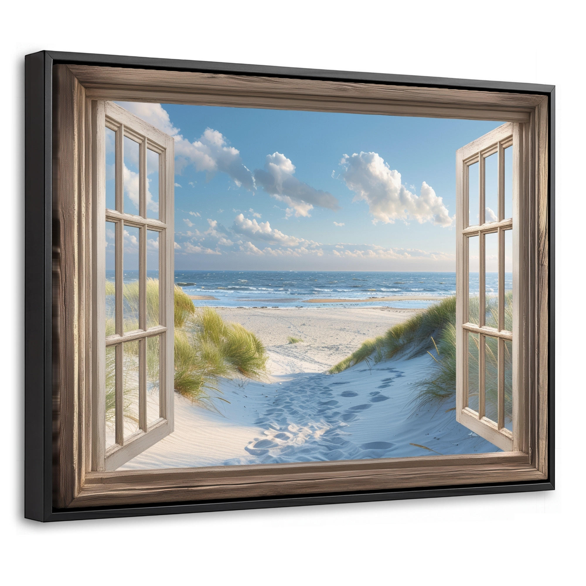 LEINWAND Bilder mit Rahmen - Aussicht - Strand - Fenster - Dünen - Meer - 40x30 - Hellblau, Textil (40/30cm) - MuchoWow