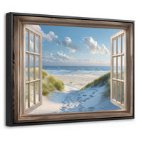 LEINWAND Bilder mit Rahmen - Aussicht - Strand - Fenster - Dünen - Meer - 40x30 - Hellblau, Textil (40/30cm) - MuchoWow