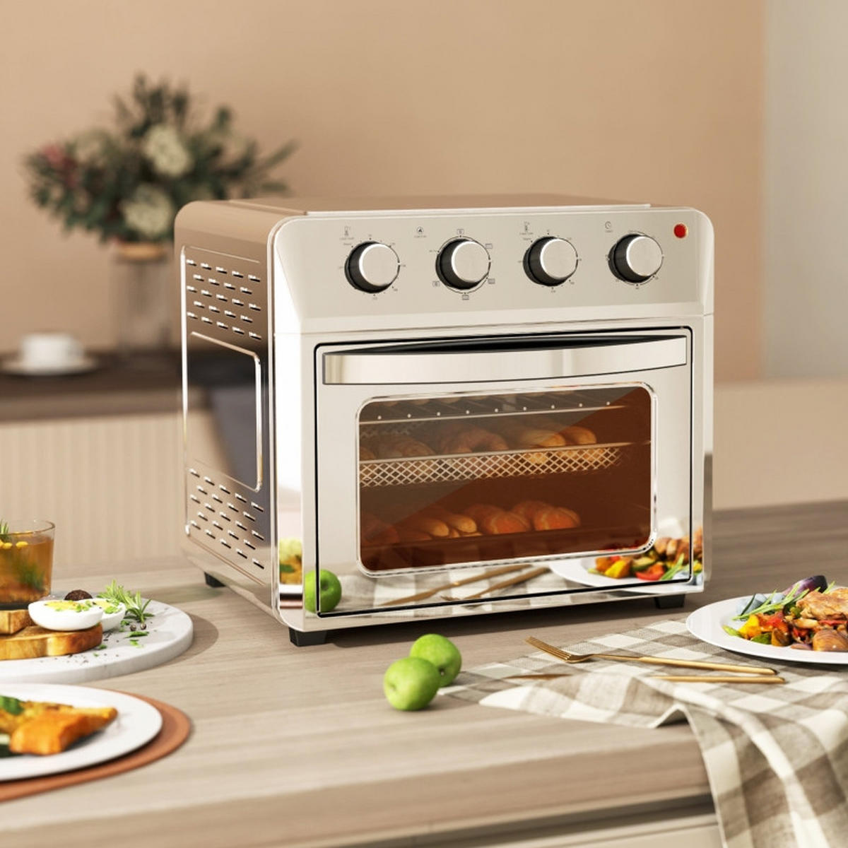 MINIBACKOFEN 24L mit Umluft, 6 Heizmodi Mini Ofen mit Backblech & Grillrost, Heißluftfritteuse Funktion, Silber - Silberfarben, Metall (40.6/36.8/39cm) - Beaface