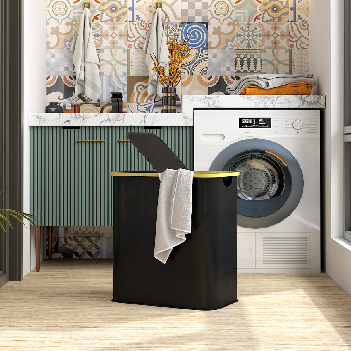 WÄSCHEKORB DE-18806 2 Fächer, 80L mit Deckel & klappbar Schwarz - Weiß, Textil (54/58.5/34cm) - ComfortXL