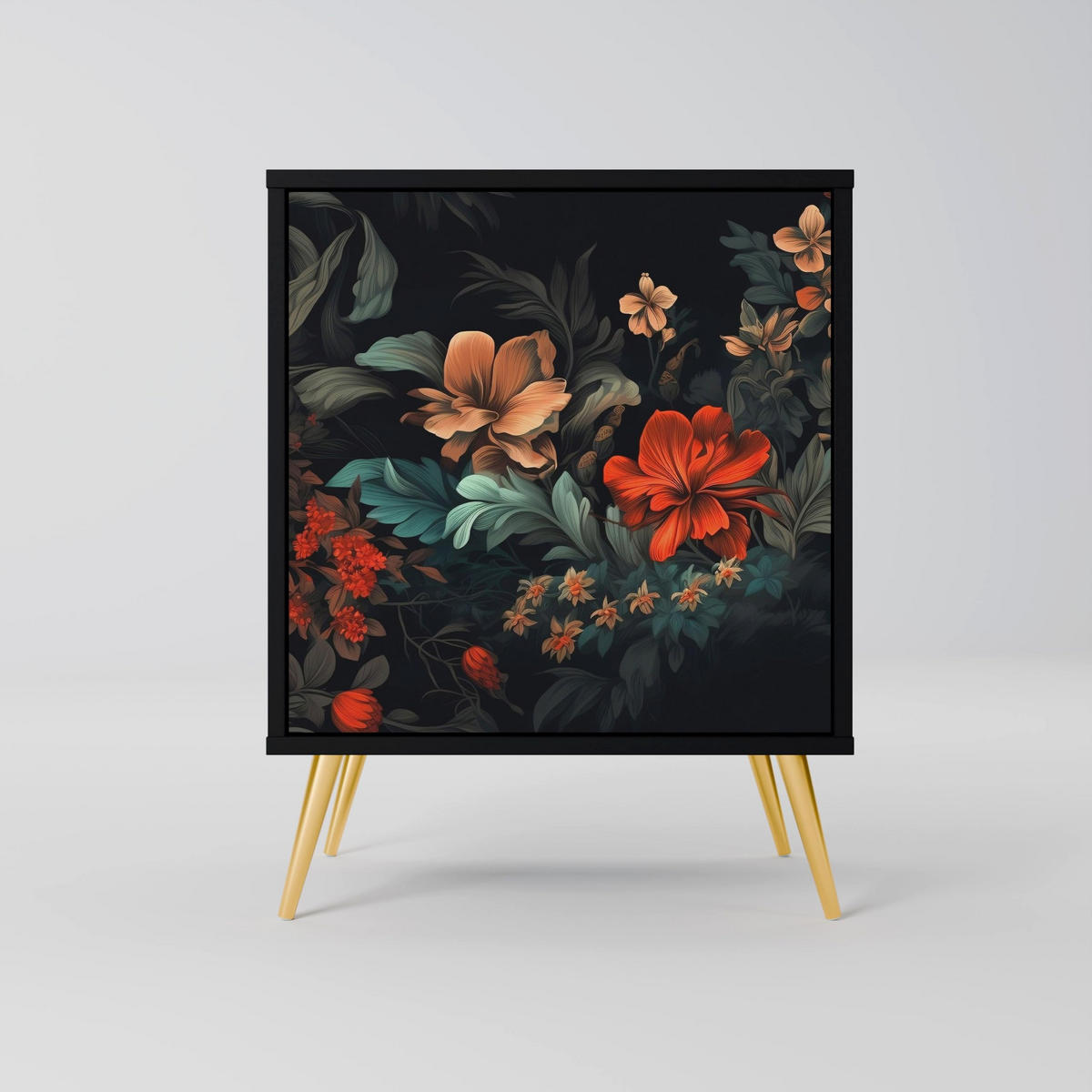 SIDEBOARD IMAGINARY BLOSSOM, Schwarz, 57,5x42x67,5 cm, Schwarze Metall-Rahmenfüße - Multicolor/Schwarz, Holzwerkstoff/Metall (57.5/67.5/42cm) - SpaceRebels
