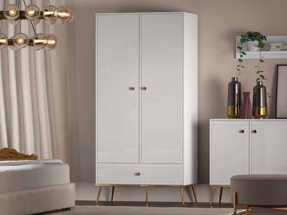 DREHTÜRENSCHRANK Darrby Weiß 92 cm - Goldfarben/Weiß, Holzwerkstoff/Metall (92/190/53cm) - Selsey