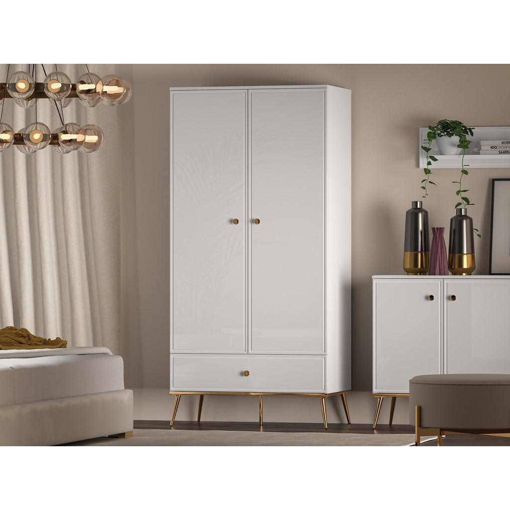 Thumbnail - Selsey Drehtürenschrank, Weiß, Holzwerkstoff, 2 Fächer, 1 Schubladen, Rechteckig, 92x190x53 cm, Schlafzimmer, Kleidersch...
