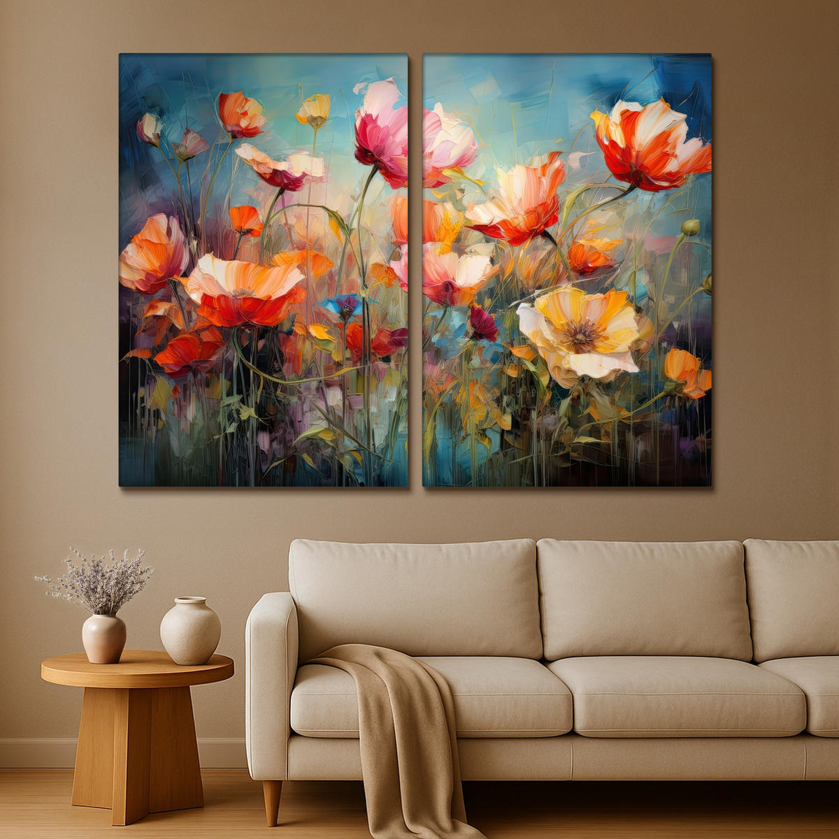 LEINWANDBILD 2er Set Blumen - Bunt - Abstrakt 240x180 cm - Blaugrau, Textil (240/180cm) - MuchoWow