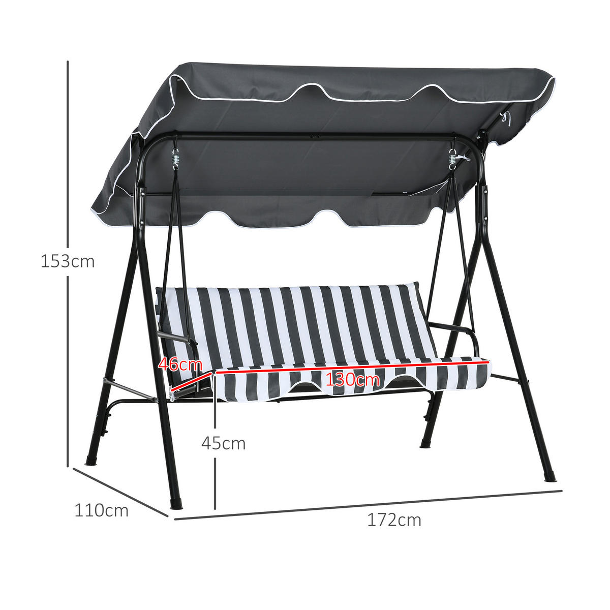 HOLLYWOODSCHAUKEL 3-Sitzer - Weiß/Grau, Metall (110/153/172cm) - Outsunny