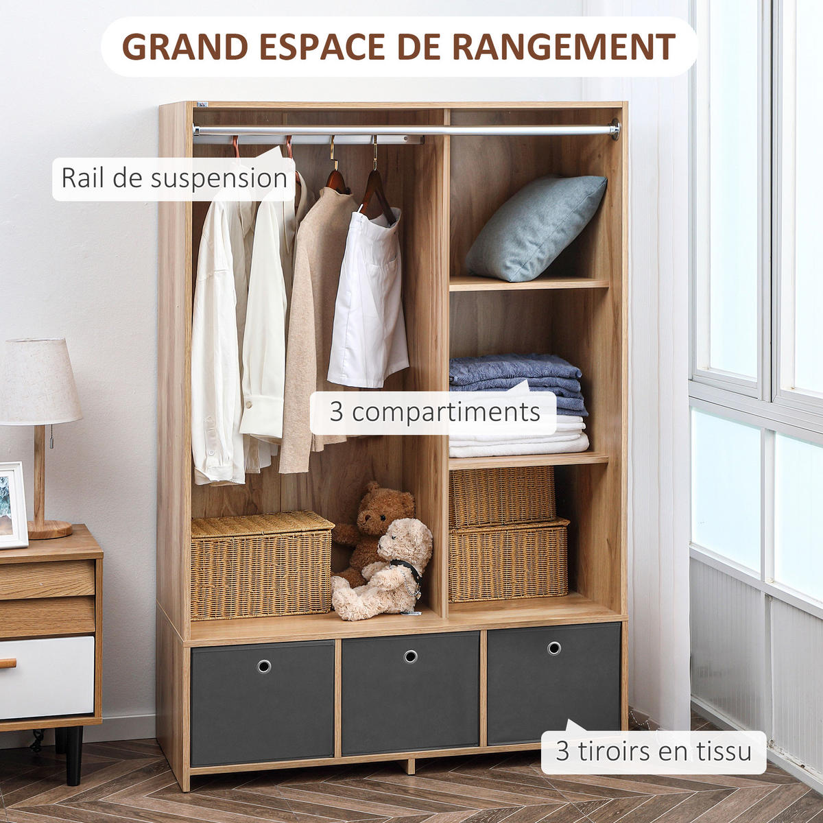 KLEIDERSCHRANK DE-17166 mit Kleiderstange & 3 Stoffschubladen Natur - Naturfarben, Holzwerkstoff (48/160/105cm) - ComfortXL