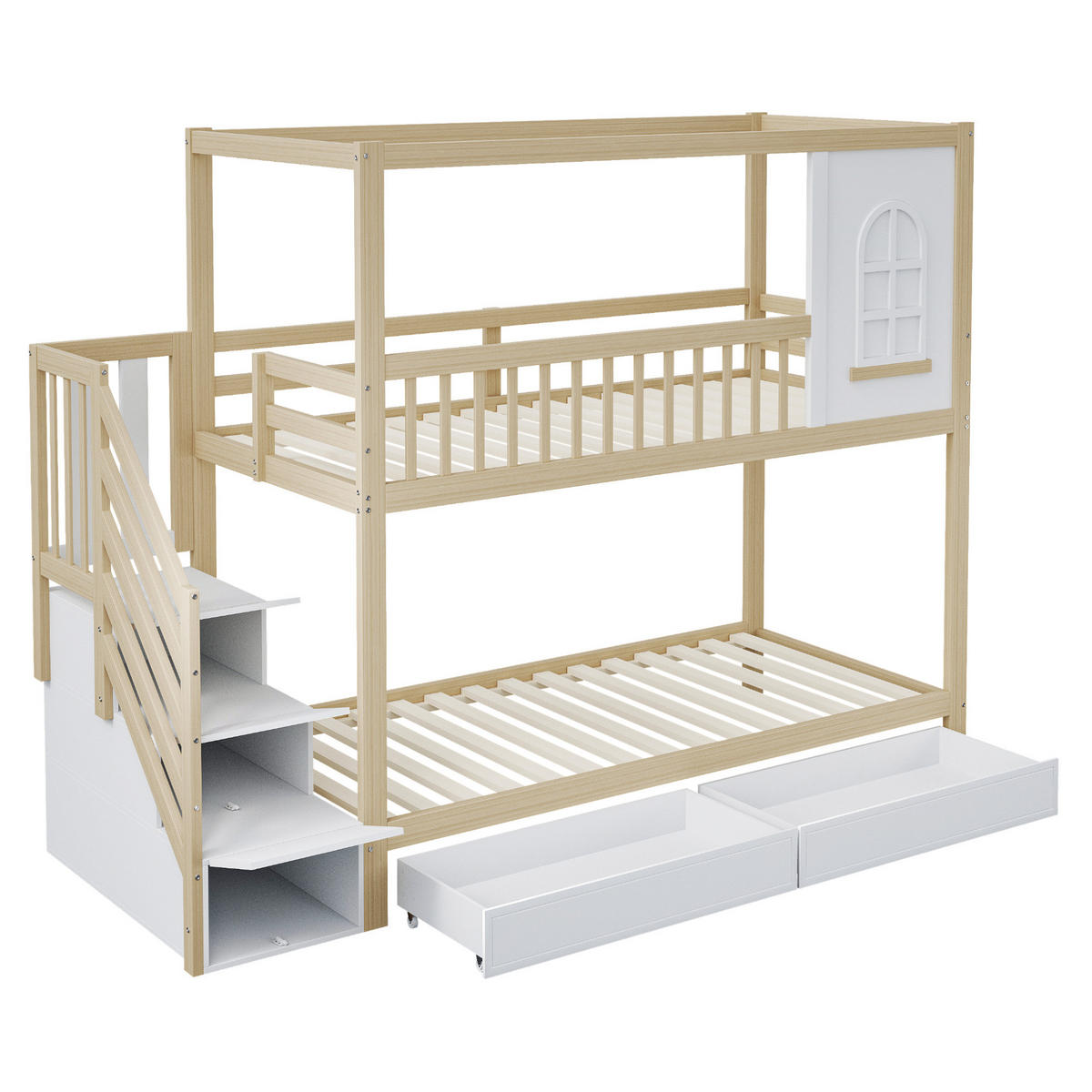 ETAGENBETT 90/200 cm Massivholz mit Leitereinheit und Stauraum - Naturfarben, Holz (90/200cm) - OKWISH