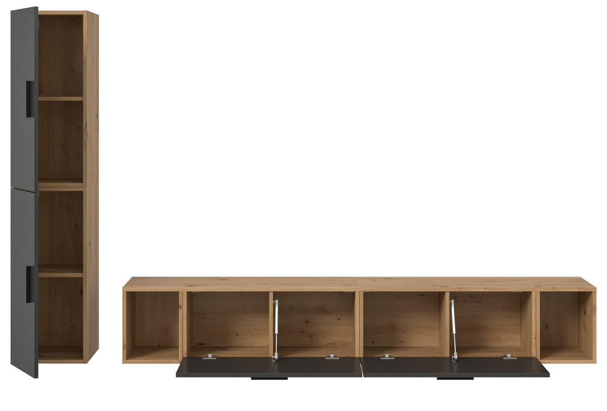 WOHNWAND grau, Eiche Artisan 249 x 184 cm, Wohnkombination hängend / stehend - Schwarz/Eiche Artisan, Holzwerkstoff/Kunststoff (249/184/34cm) - Inn.Furn