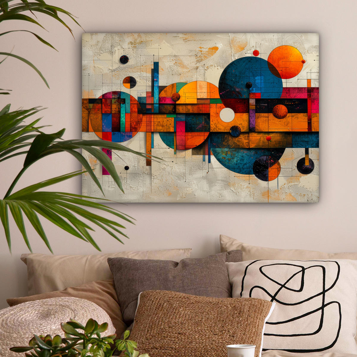 LEINWANDBILD - Vintage - Moderne Kunst - Orange - Geometrische Formen - 80x60 - Malerei - Multicolor, Textil (80/60cm) - MuchoWow