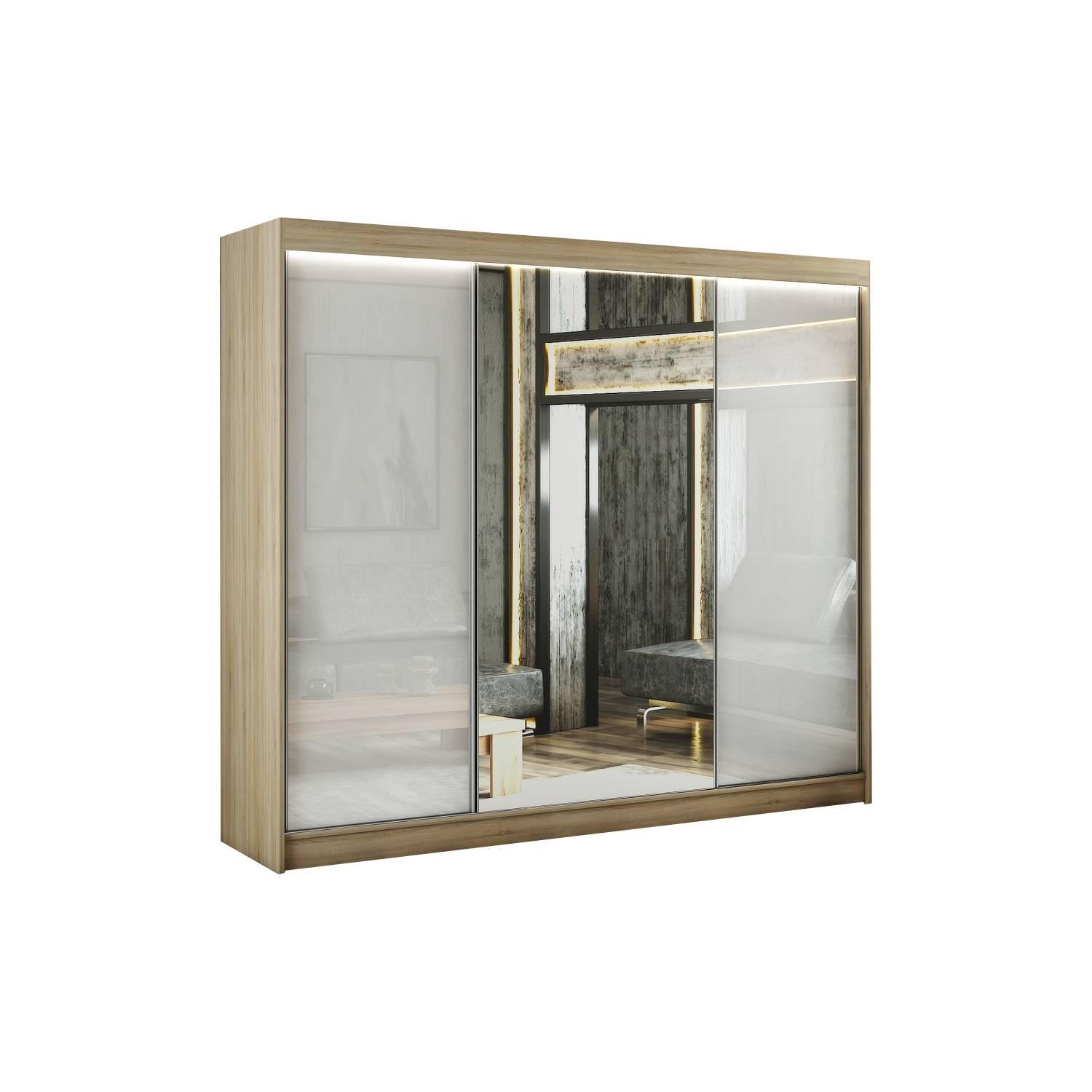 Meblini Schiebetürenschrank Sonoma Eiche, Weiß 250x215x61 cm