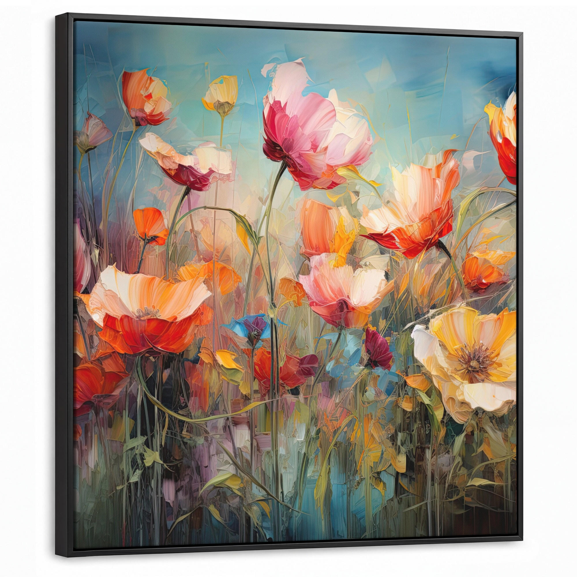 LEINWAND Bilder mit Rahmen - Blumen - Aquarell - Kunst - Botanisch - Natur - 90x90 - Orange, Textil (90/90cm) - MuchoWow