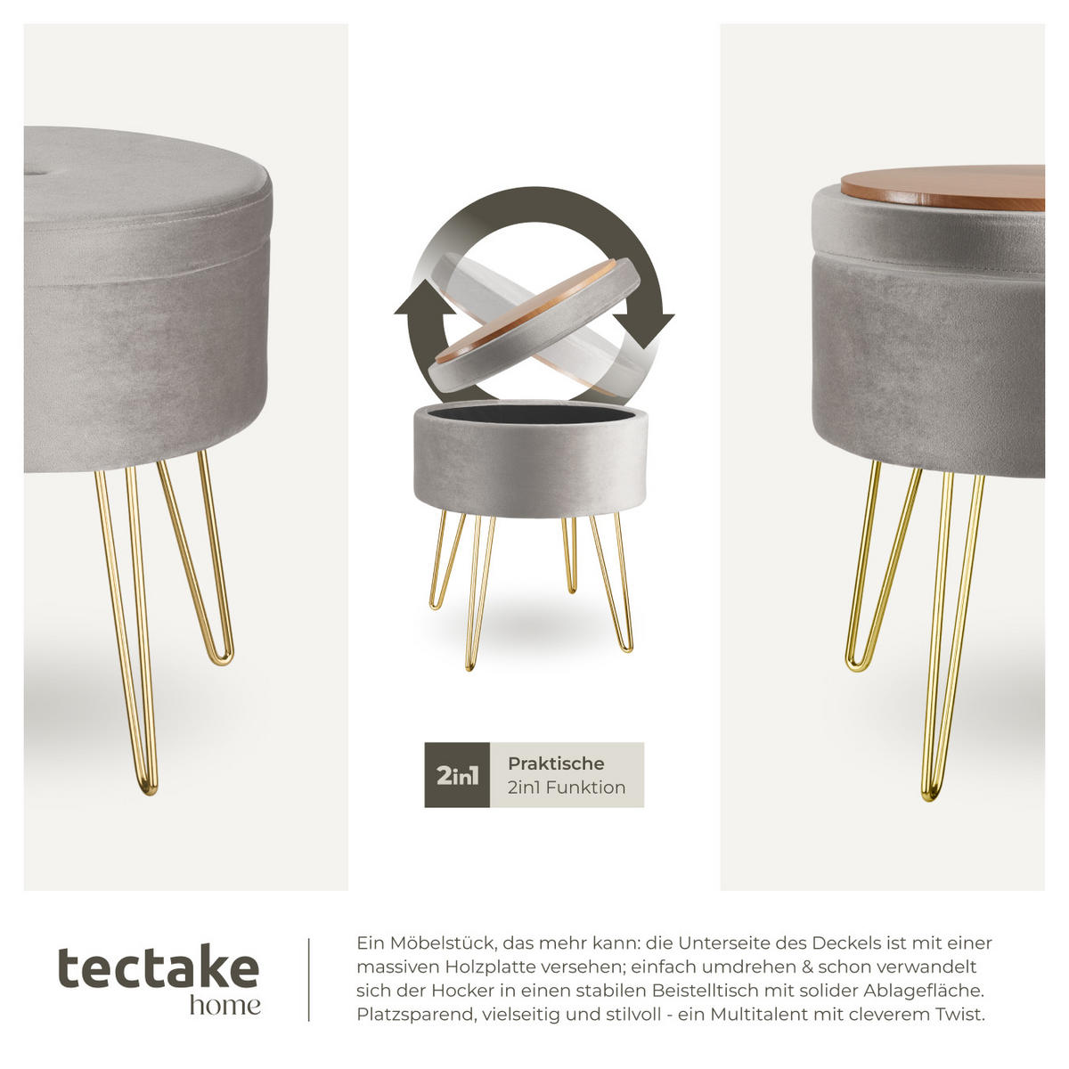 SITZHOCKER mit Stauraum Ava,37,5 x 44,5 cm,hellgrau - Hellgrau, Holz (37.5/44.5/37.5cm) - tectake