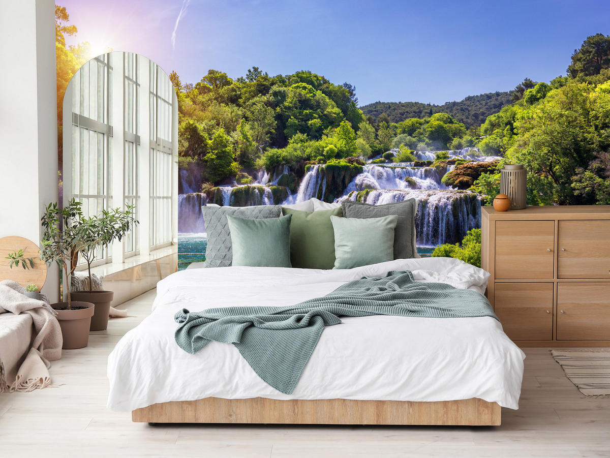 FOTOTAPETE Wasserfälle Wald Landschaft 3D 450x315 - Türkis/Blau, Papier (450/315cm) - Muralo