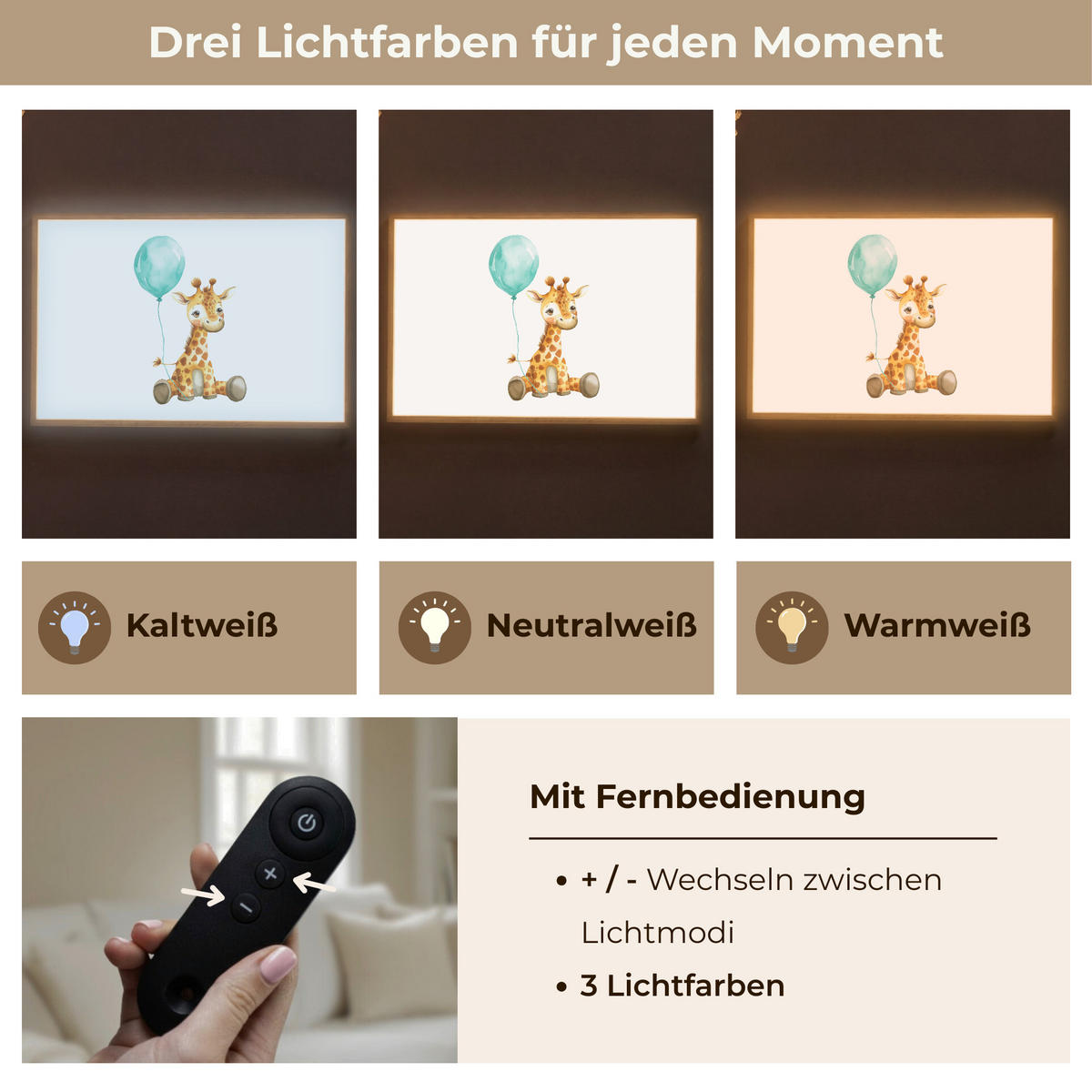 NACHTTISCHLAMPE MIT AKKU Giraffe - Baby - Tiere - Blauer Ballon 90x60 cm - Weiß, Holzwerkstoff (8/90/60cm) - OnlyWow