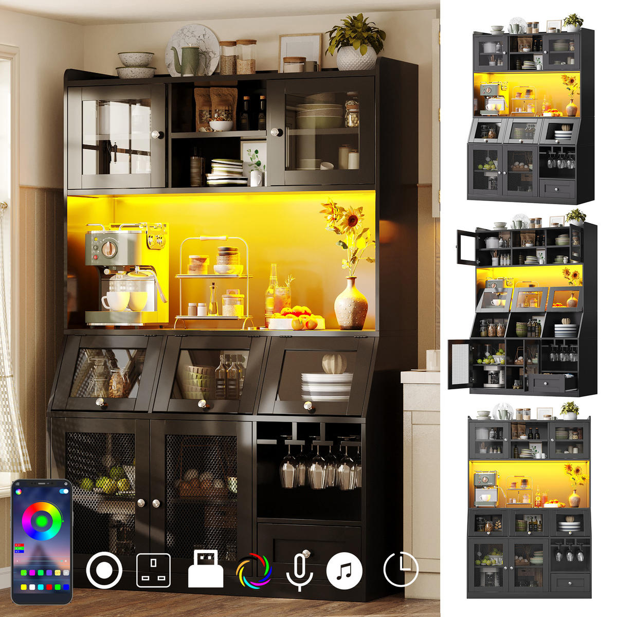 HIGHBOARD in Schwarz Anrichte mit USB-Anschluss, LED und Glastüren, B120/T40/H181.7cm - Schwarz/Naturfarben, Holzwerkstoff (120/181.7/40cm) - STILVORA