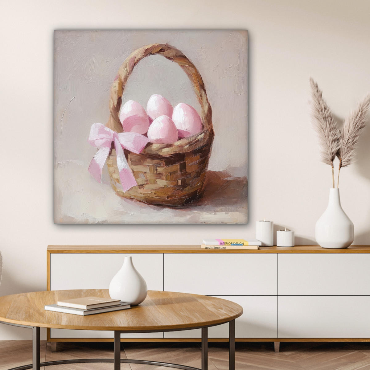 LEINWANDBILD Korb - Eier - Rosa Deko Groß 90x90 cm - Beige, Textil (90/90cm) - MuchoWow