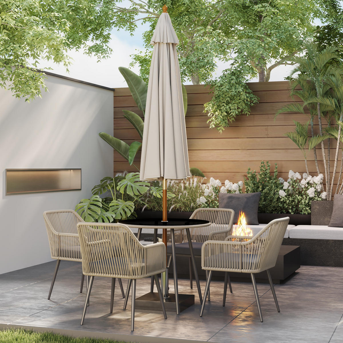 GARTENSET DE-13607 5-teilig mit Glastisch & Kissen Braun - Braun, Metall - ComfortXL