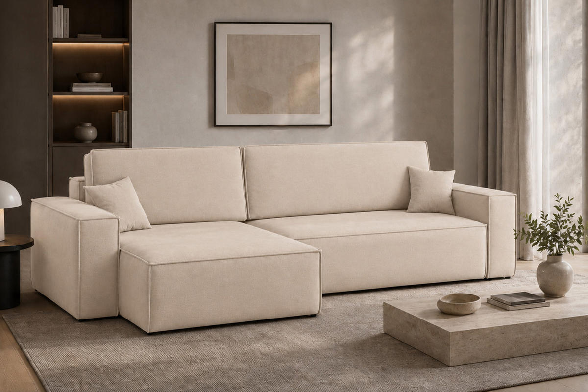 ECKSOFA L-Form Mit Schlaffunktion Und Bettkasten, Veloursstoff Bluvel, Creme, Links, BEST XL - Creme, Holz (274/142cm) - Kaiser Möbel