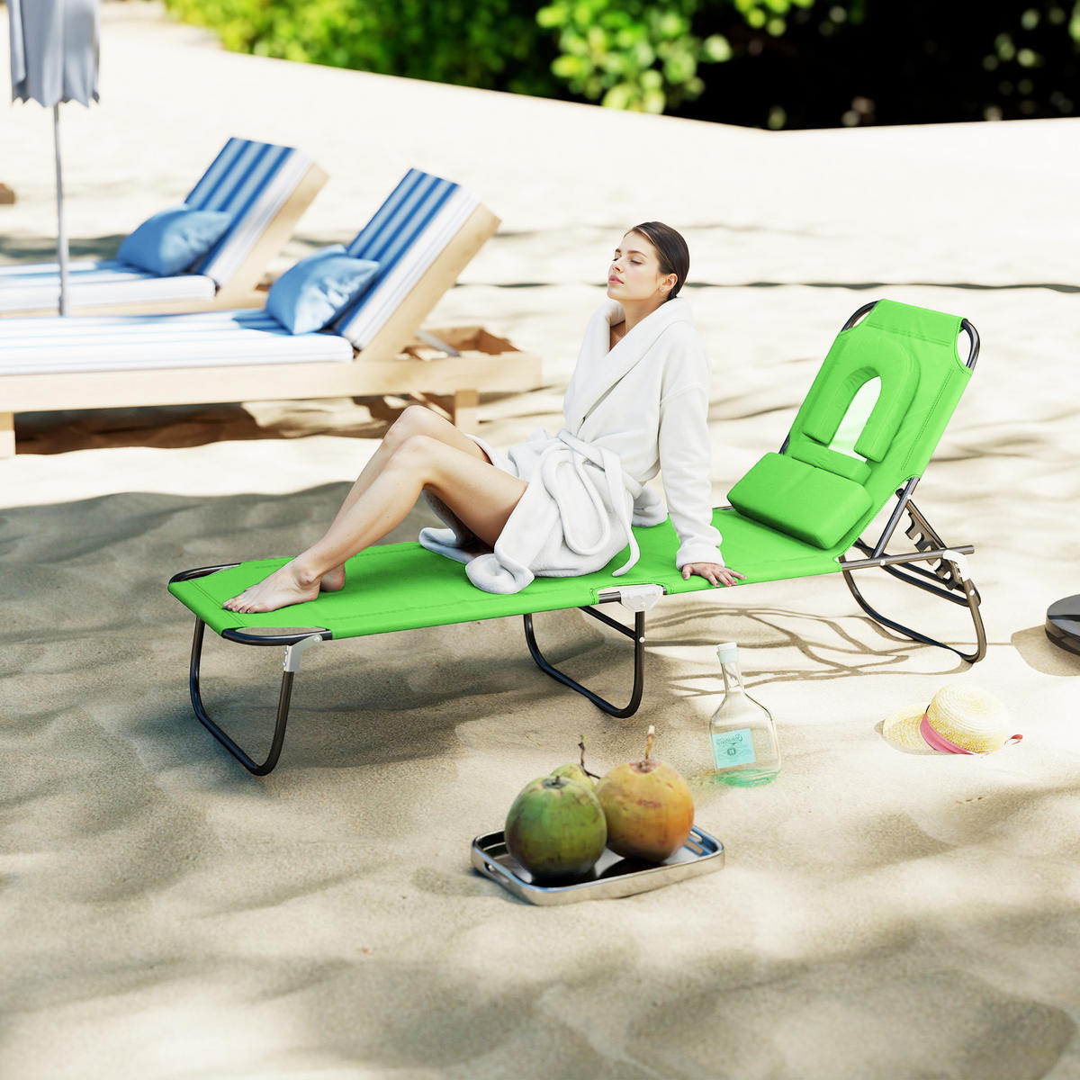 SONNENLIEGE mit Gesichtsöffnung Grün 190/56/70 cm - Schwarz/Grün, Textil/Metall (56/28/190cm) - Outsunny