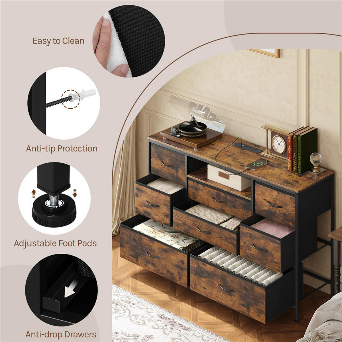 KOMMODE 8 Schubladen mit USB Steckdose Sideboard 120x75x36 cm - Braun, Metall (120/75/36cm) - Kaket