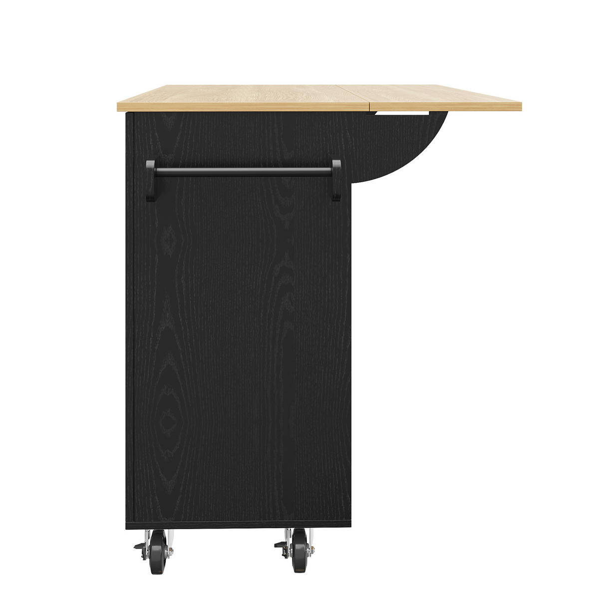 KÜCHENWAGEN 135x74x87.2cm Schwarz mit Klappseiten, 3 Schubladen, Snackregal & 5 Rollen - Schwarz, Holzwerkstoff (135/87.2/74cm) - Modfu