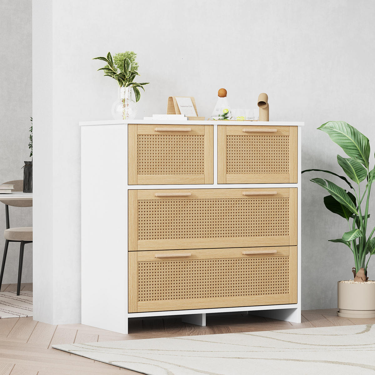 KOMMODE 80/38/80 cm mit 4 Schubladen und Rattanfronten - Weiß, Holzwerkstoff (80/38/80cm) - BEAOK