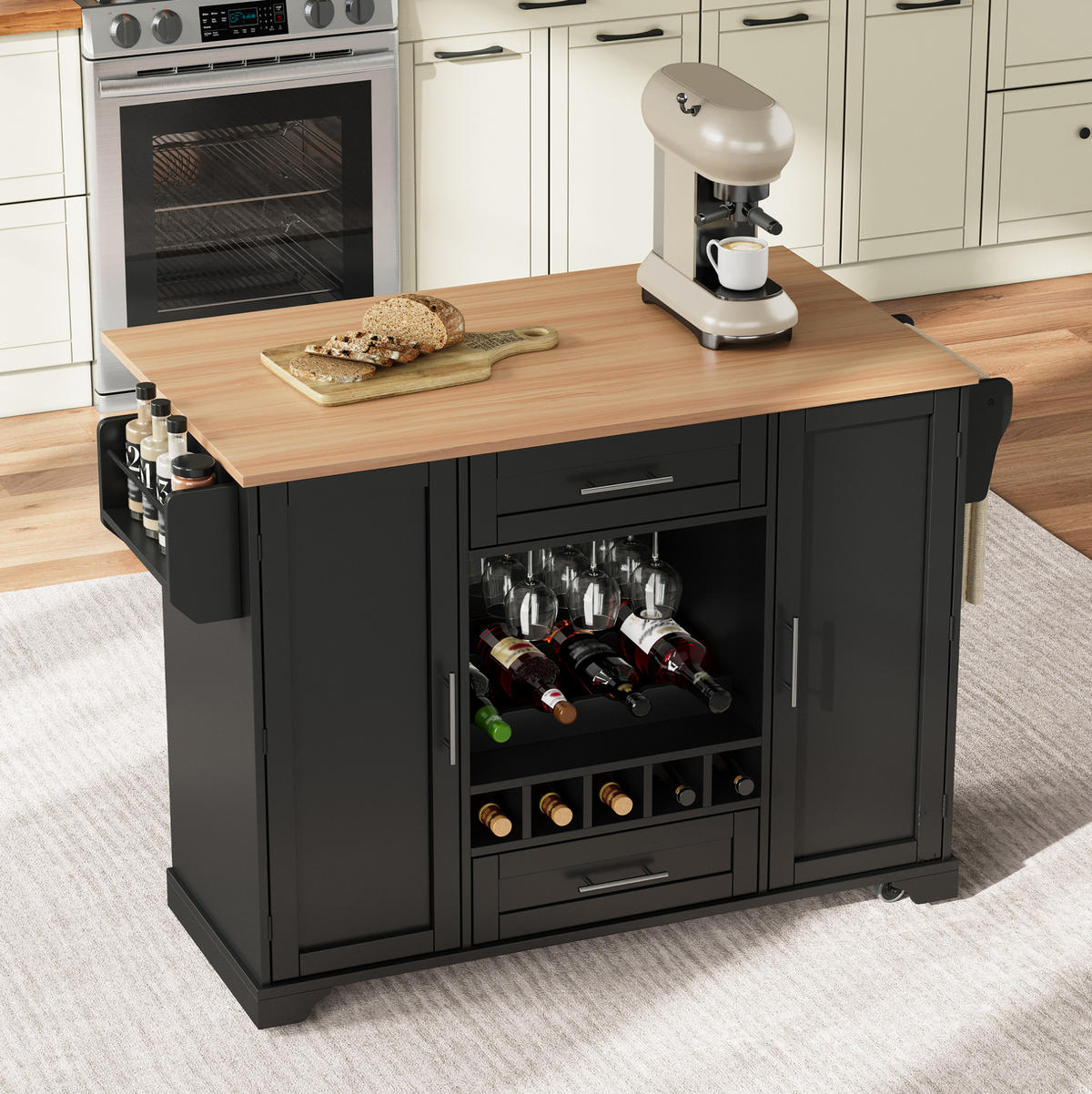 KÜCHENWAGEN mit ausklappbarer Arbeitsplatte 138 x 45/70 x 92 cm Schwarz/Natur - Schwarz, Holz (70/92/138cm) - Beauniv