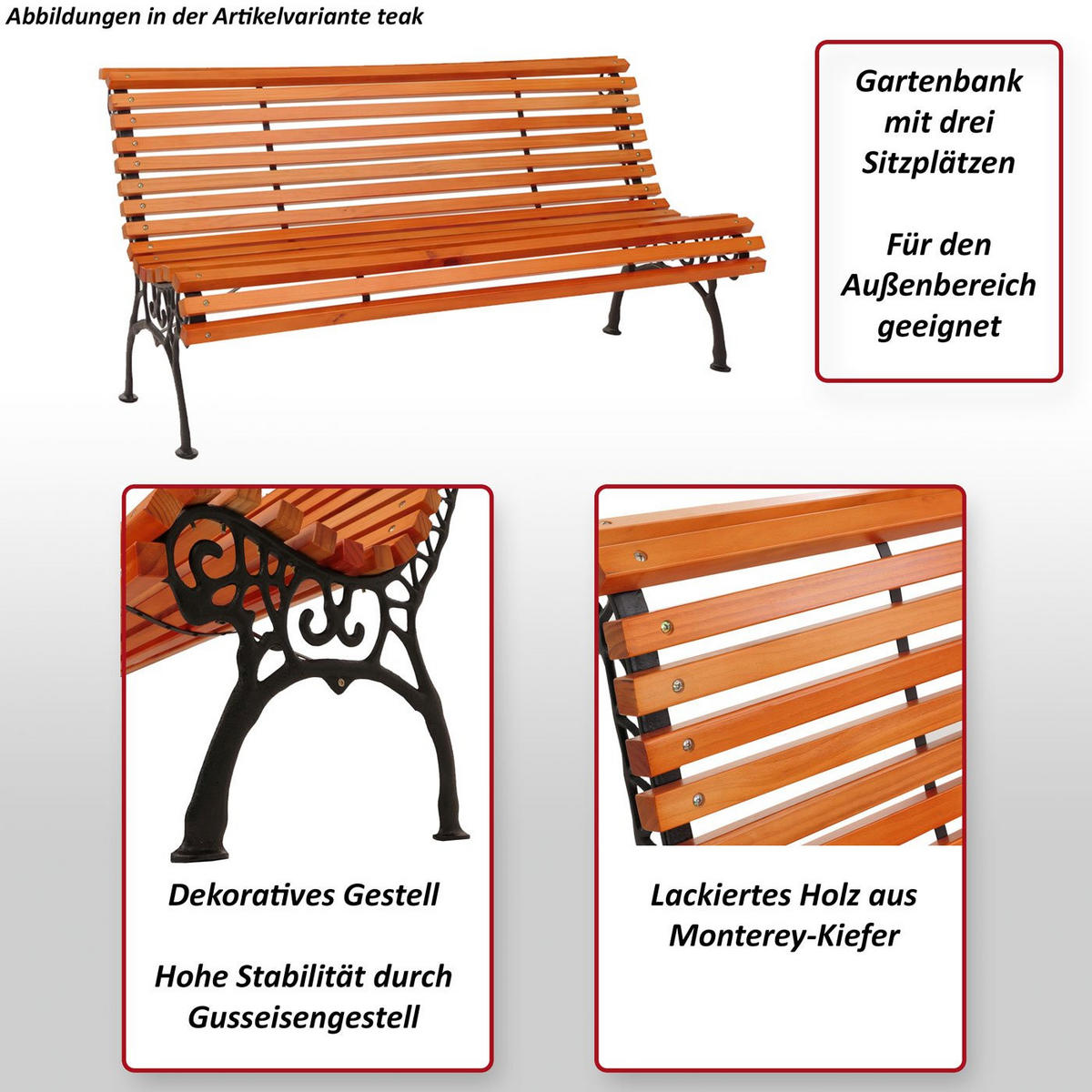 GARTENBANK Schwarz, Teak Dekor - Schwarz/Teakfarben, Holz (160/84/65cm) - MCW