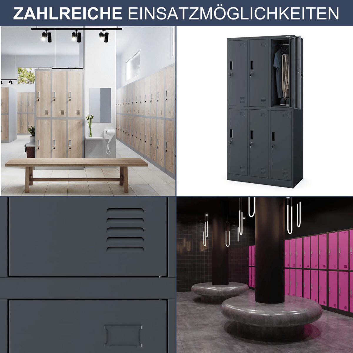 UMKLEIDESCHRANK Spind TOKIO 6 Abteile 185x90x45cm Anthrazit - Anthrazit, Metall (90/185/45cm) - DELUKE