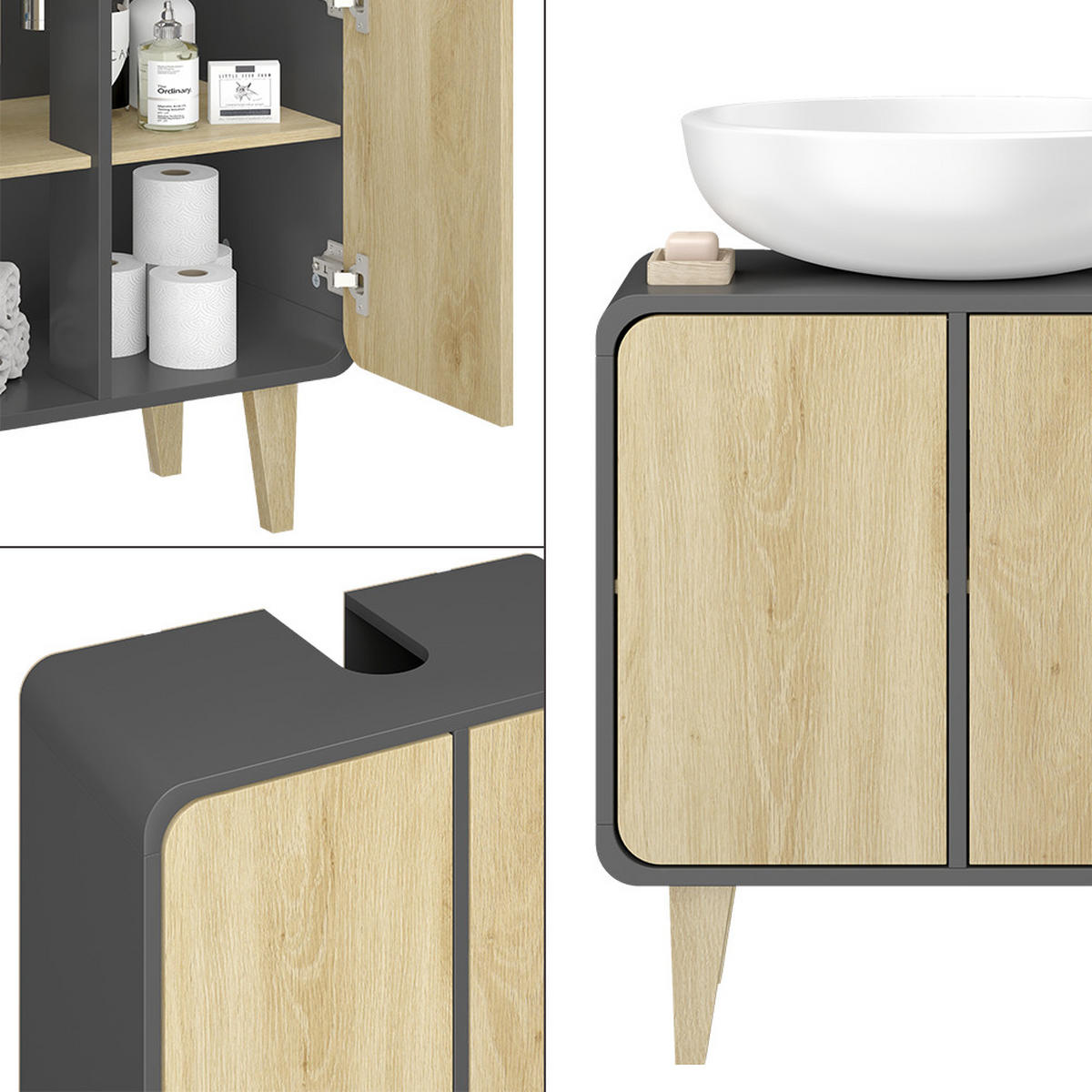 WASCHBECKENUNTERSCHRANK Arla Anthrazit/Goldkraft Eiche 60 x 61 cm - Eichefarben/Anthrazit, Holzwerkstoff (60/61/30cm) - Vicco