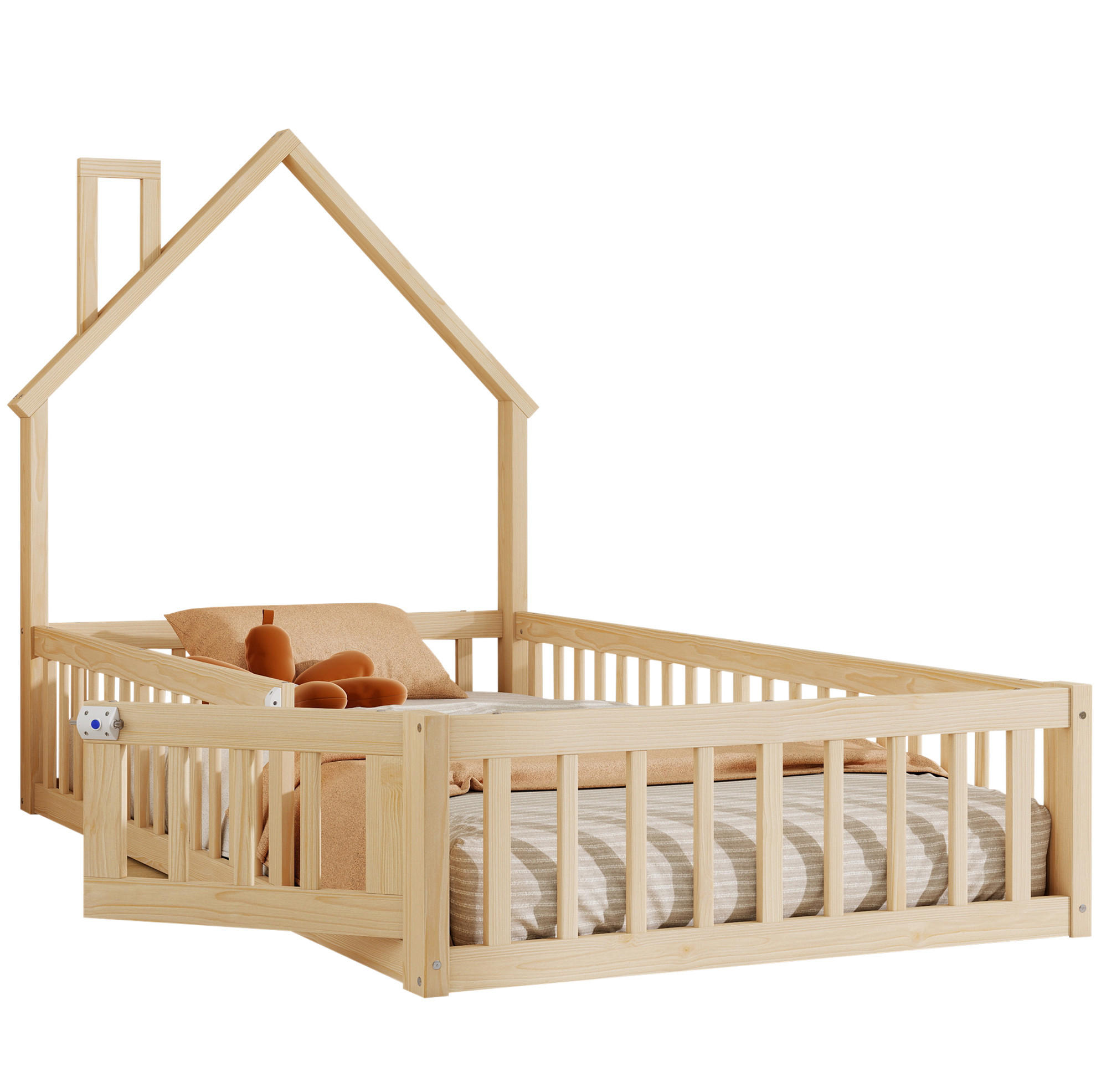 HAUSBETT 90/200 cm aus Kiefernholz mit Sicherheitsgitter und Schornsteinform - Naturfarben, Holzwerkstoff (90/200cm) - Flora Grace